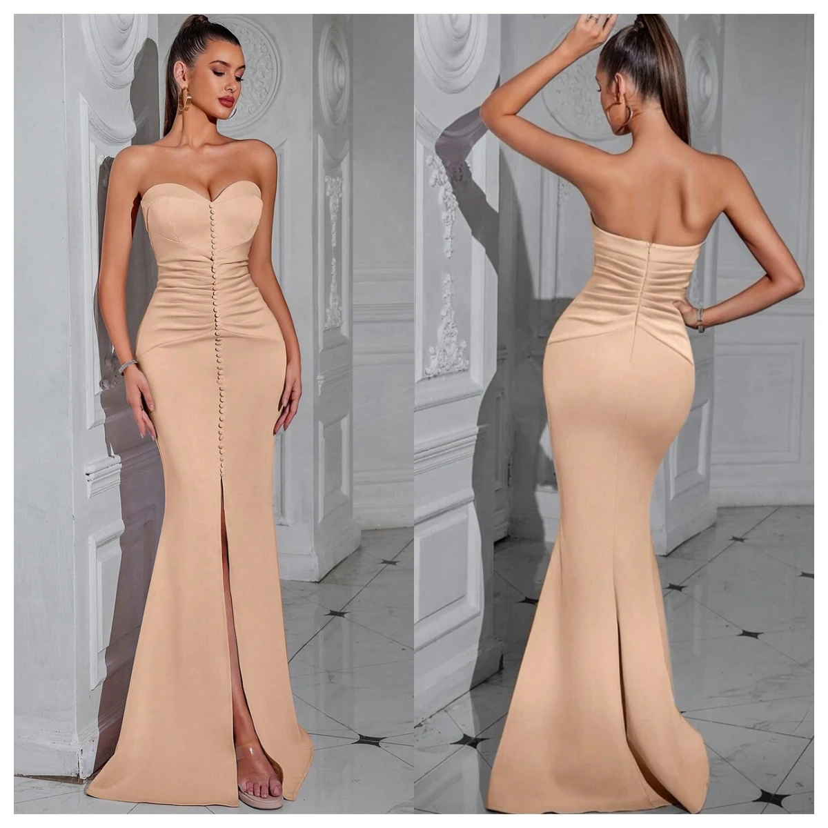 Customized Classic Ivory  Satin Evening Dress Strapless Sleeveless Homecoming Dress Bespoke Occasion Gowns Buttons Zipper Back