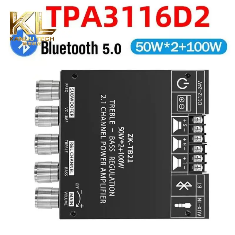 ZK-TB21 2.1 Channel Bluetooth 5.0 Digital Amplifier Board TPA3116D2 50W*2+100W Treble Bass Control Subwoofer AMP Module