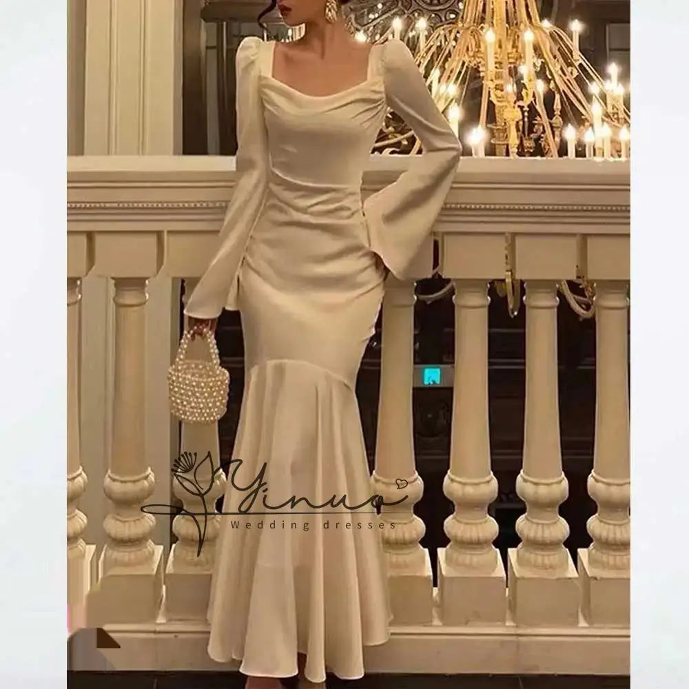 Long Sleeves Mermaid Square Neck Vestidos Novias Boda Abiti Da Sposa Di Alta Qualità Plus Size