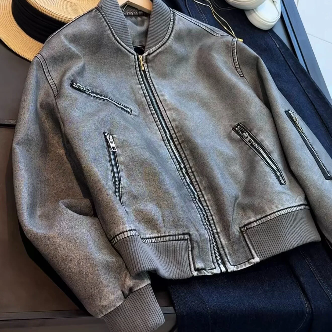 

Retro Temperament Zipper Leather jacket American Standing Collar Short Motorcycle Outwear Women's Maillard Long Sleeved Top