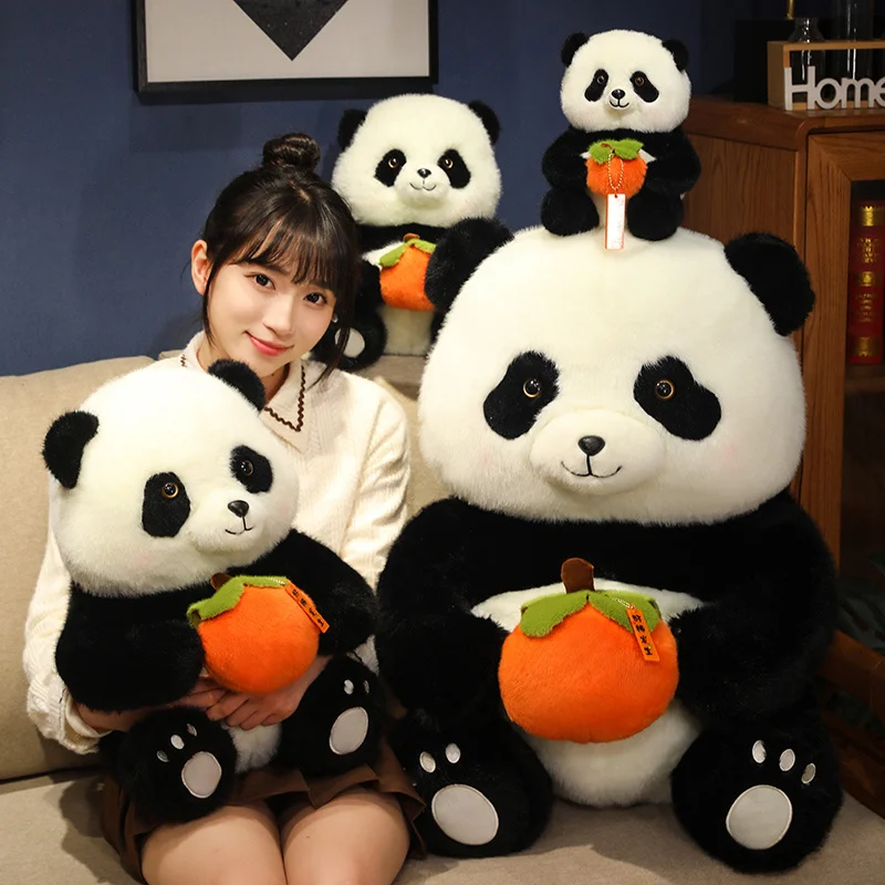 Sitting Soft Persimmon Panda Bear Doll Plush Toy Stuffed Holding Orange Fruit in Hands Cartoon Animal Plushie Peluche Gift