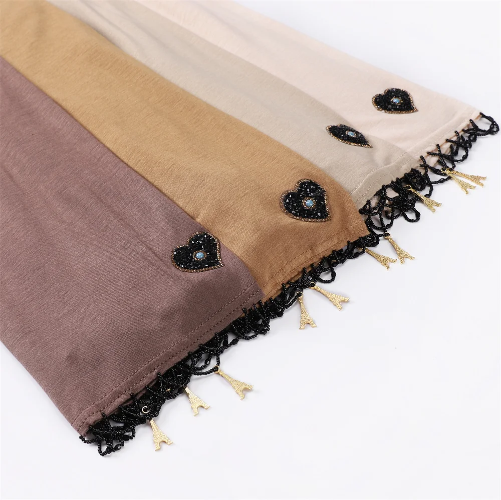 High Quality Cotton Stretchy Jersey Hijab Scarf With Heart-shaped Rhinestone Beading Tassel Headscarf Wraps Premium Solid Shawl