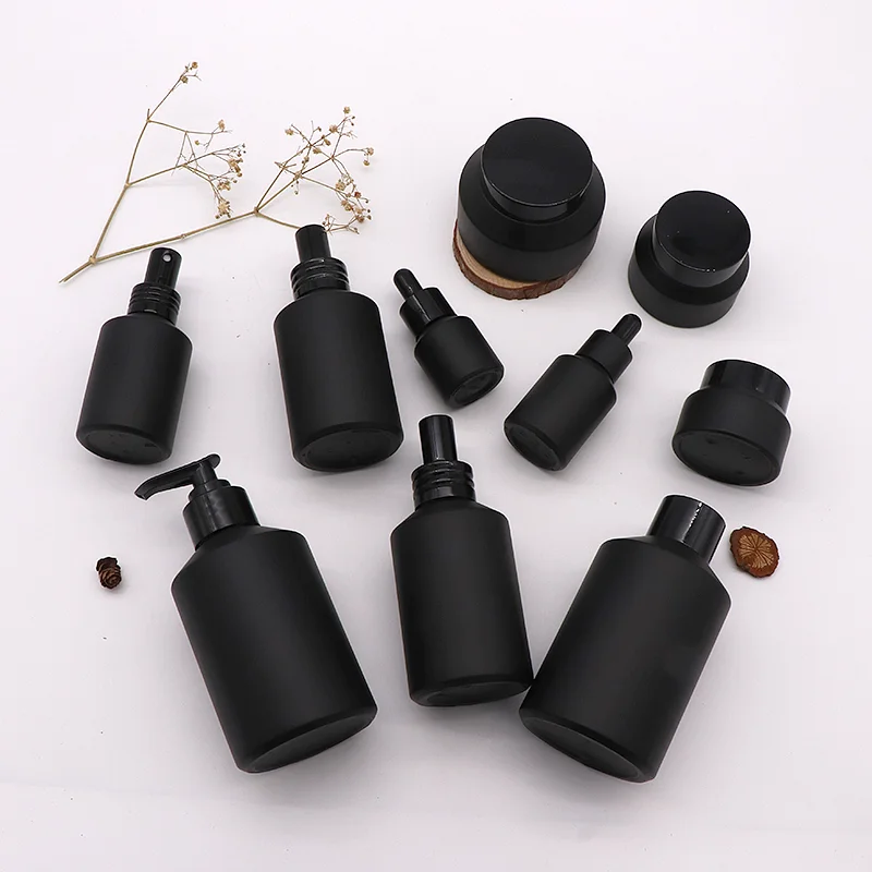 Frosted matte black 30g cream glass pump bottle and jar 50g 200Ml slanted cosmetic jars packaging container set for Body lotion