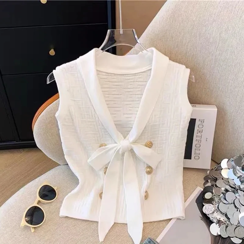 Elegant Jacquard Knitted Vest Women Summer Thin Bow Lace Up V Neck Camis Korean Sexy Slim Chic Sleeveless Tank for Female New