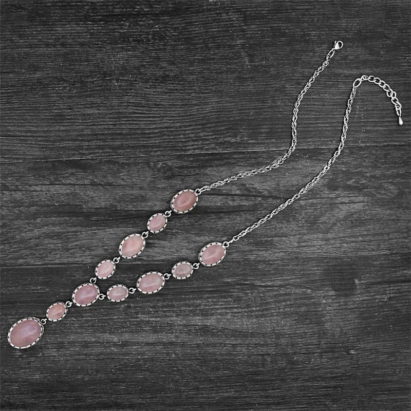 Vintage Natural Quartz Necklace For Women Antique Silver Plated Unakite Stone Amethysts Multi-layer Party Necklace