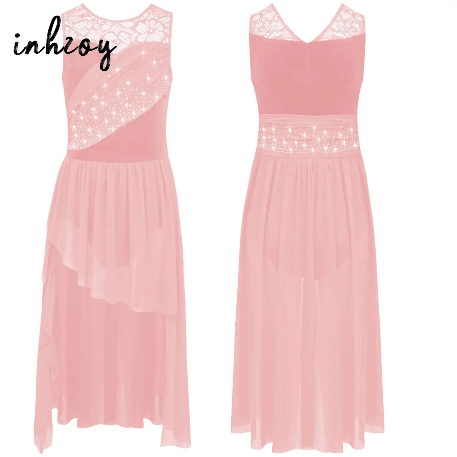 Kinderen meisjes lyrische dansjurk ballerina prestatiekostuum moderne hedendaagse danskleding kant patchwork ruches mesh strass