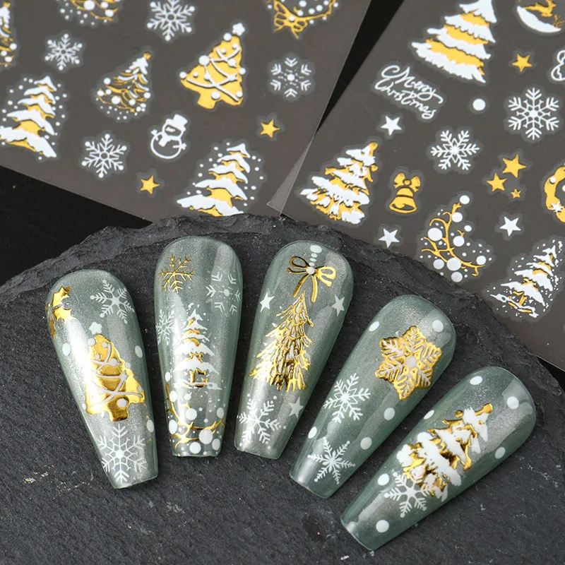 6 قطعة ملصقات أظافر ذهبية لعيد الميلاد شجرة عيد الميلاد ندفة الثلج المجسم كريستال كرة لاصقة شارات لفصل الشتاء السنة الجديدة مسمار ديكور فني #6