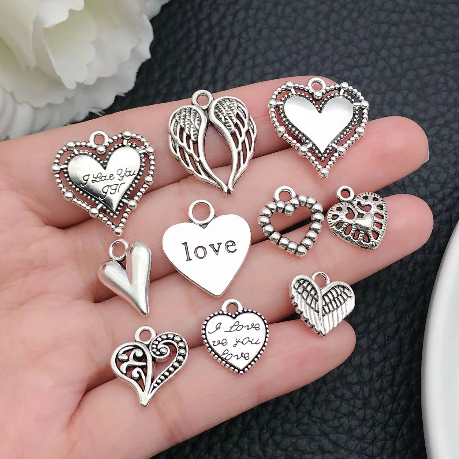 20 Pcs DIY Alloy Charms Jewelry Findings Solid & Hollow-Out Heart-Shaped Pendants for Necklaces, Earrings, Bracelets  Handmade