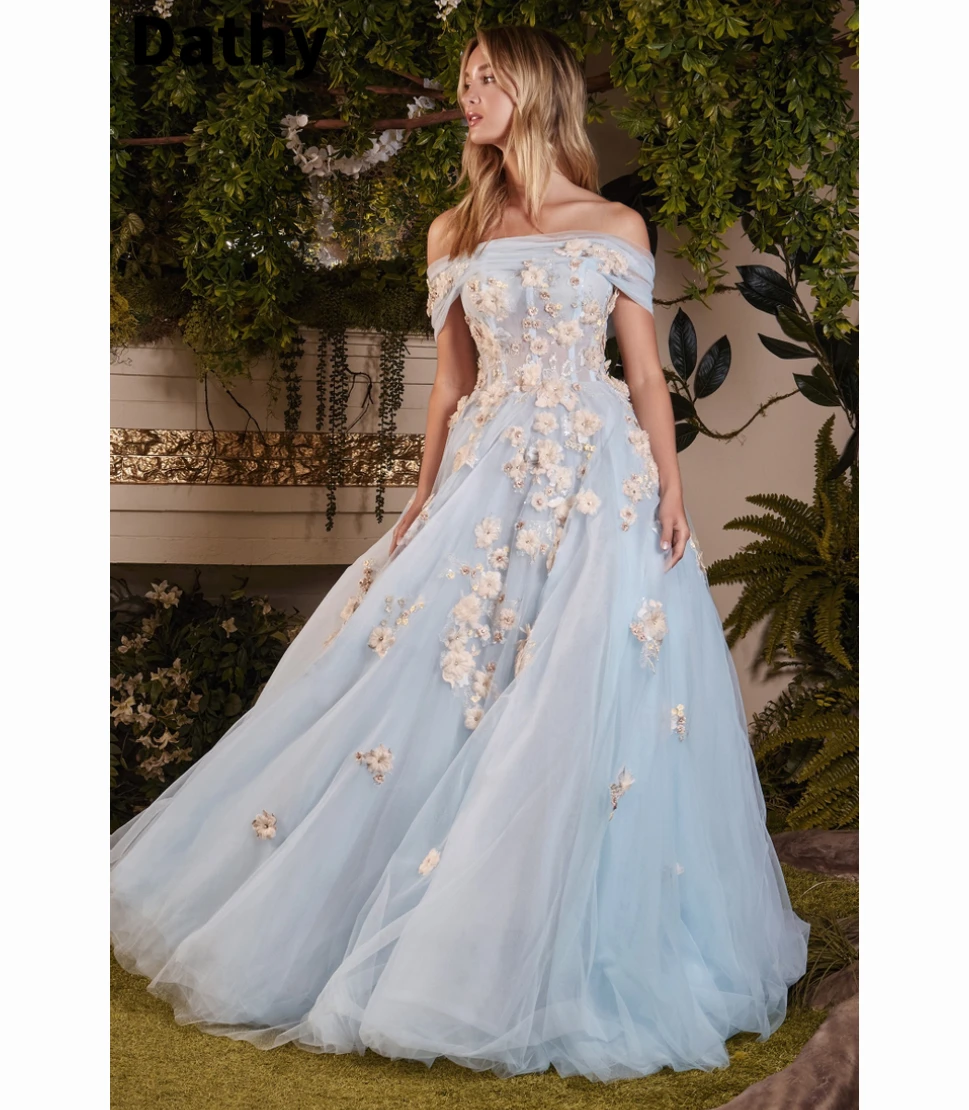 Dathy Blue Tulle Off The Shoulder Dress 3D Appliqué Sweetheart Party High Waist Puffy Skirt Evening Dressفستان سهرة نسائي