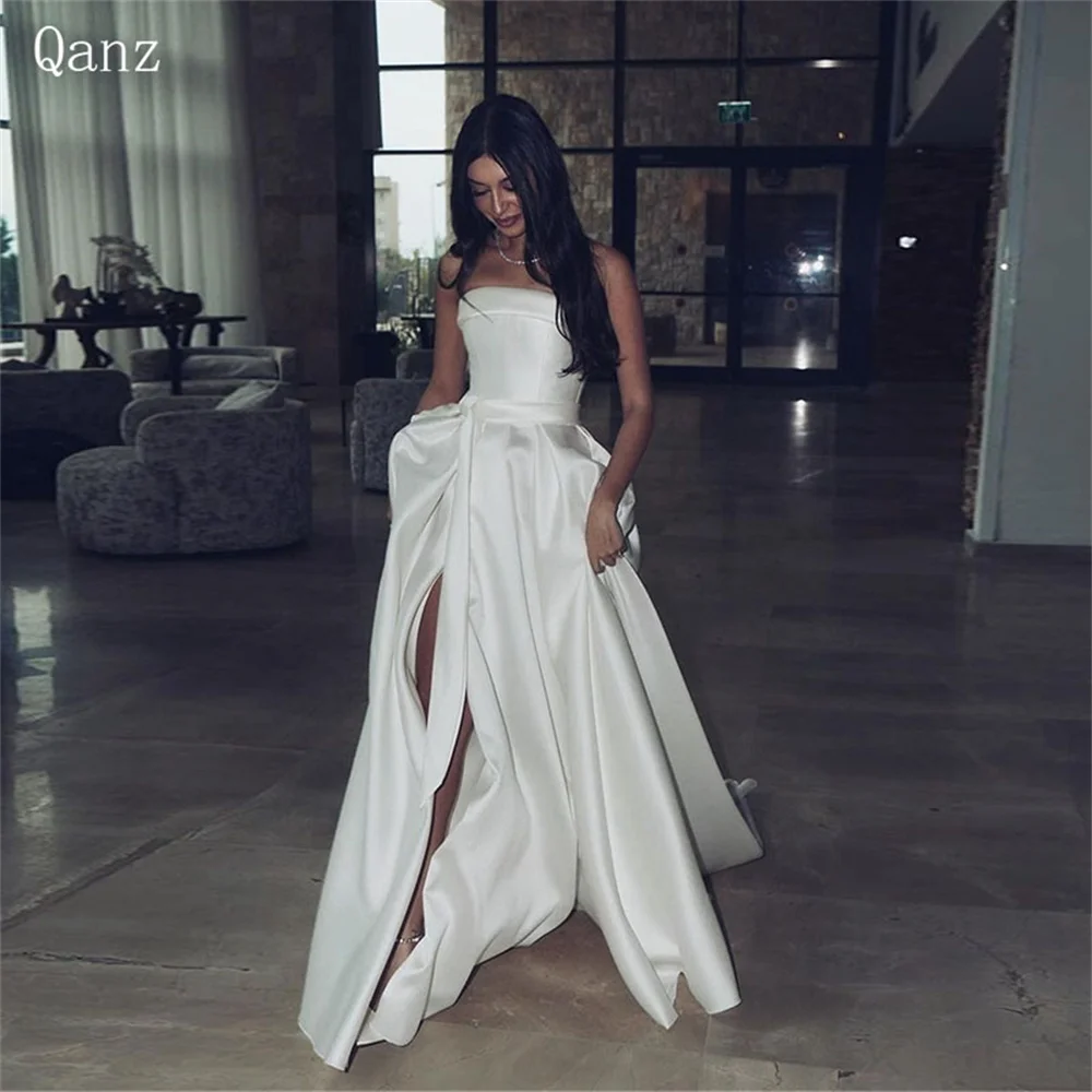 

Qanz Vintage Satin Wedding Dresses White Strapless High Slit Long Vestido De Casamento Floor Length Brautkleider Große Größen