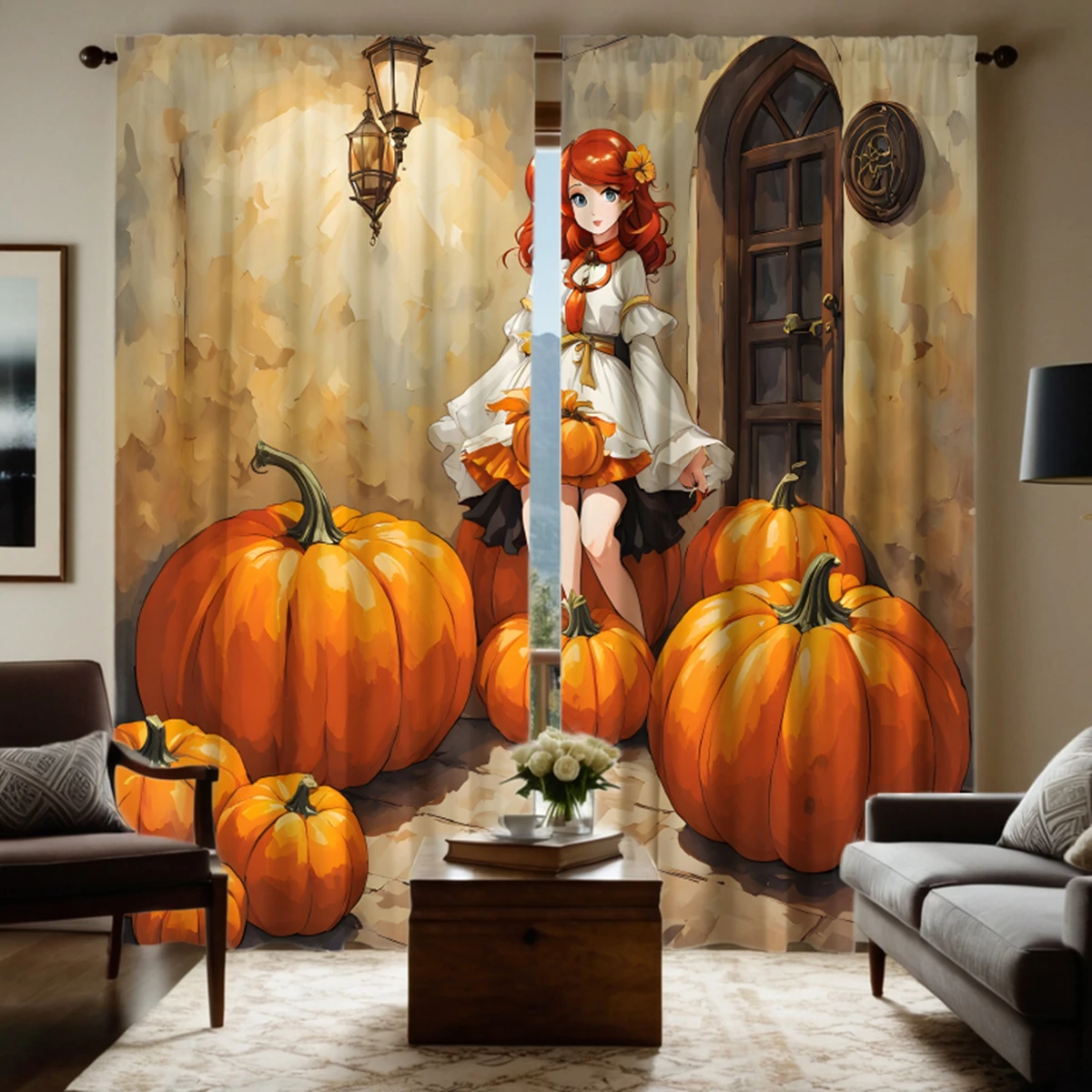 

2pcs HD Back Room Pumpkin cartoon Girl curtain Yellow tie digital printed curtain Home Decoration style Decorate living room
