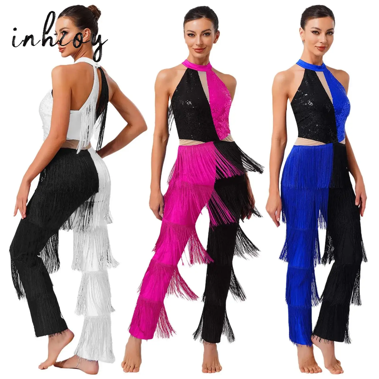 

Womens Latin Dance Pantsuit Costumes Ballroom Fringe Tassel Dress Pants lady Salsa Samba Cha-cha Jumpsuit Performance Outfits
