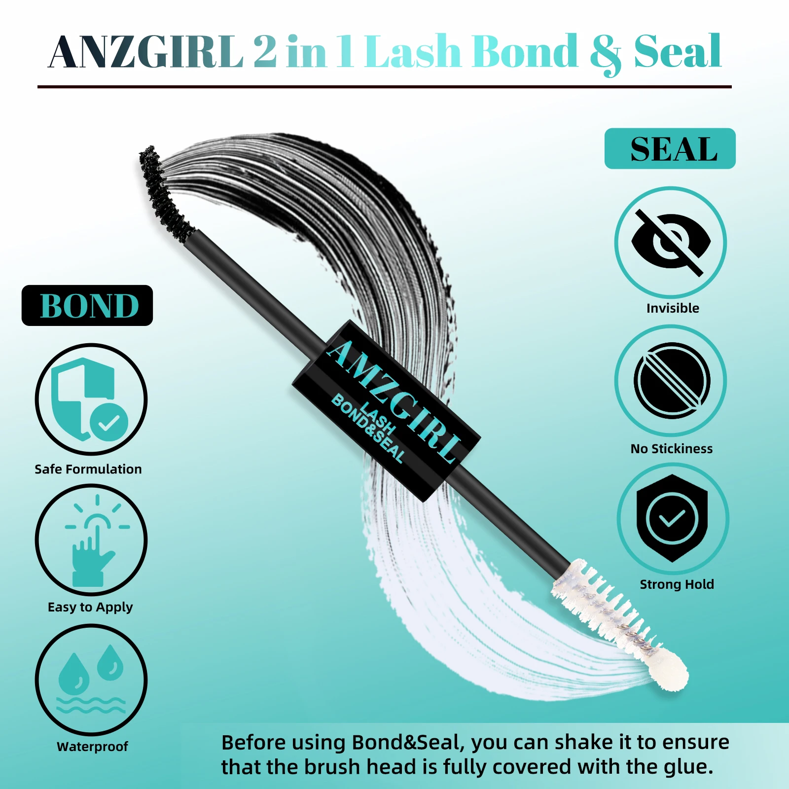 Amzgirl 10ml Eyelash Glue 2 in 1 Bond and Seal Waterproof Long Lasting 72 Hours Black Cluster Lash Glue + Lash Seal