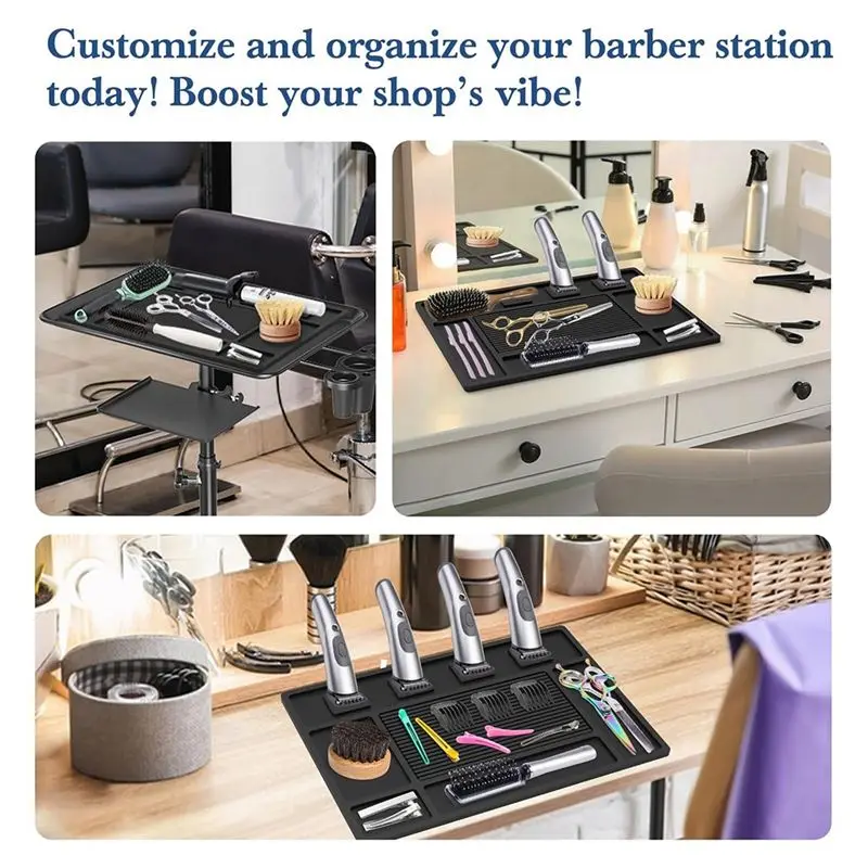 PROFESSIONAL USE Magnetic Barber Mat for Clippers,Station Barber Tool Organizer Mat for Salon Barber Shop Beauty Tool with 4 Slo