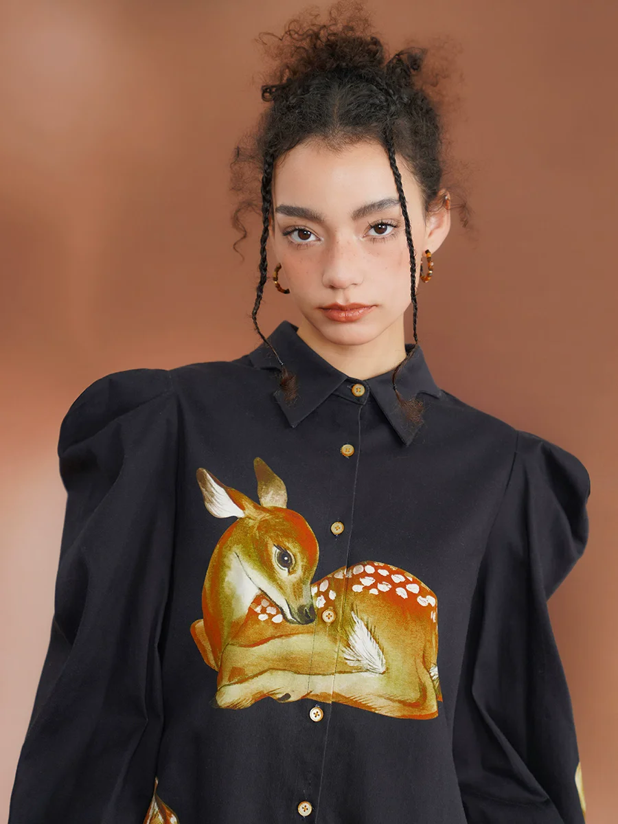 

Spring Autumn Original Design Women Vintage Exquisite Fawn Deer Print Asymmetrical Cotton Shirts/blouses