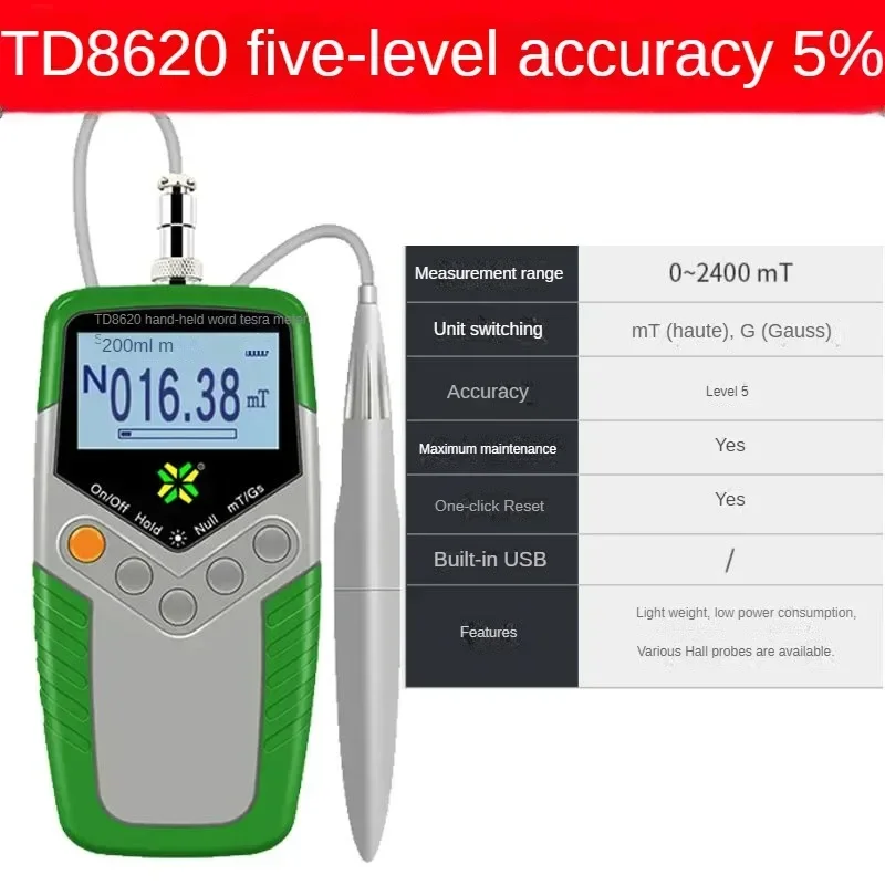 TD8620-5 Gauss Meter Handheld Digital Tesla Meter Magnetic Flux Meter Surface Magnetic Field Test 5% Accuracy 0-2400mT