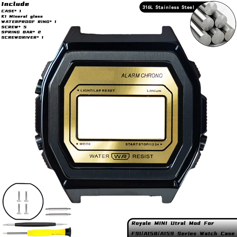 Royale Ultra Mod für CASIO F-91/A158/A159 Uhrengehäuse 316L Edelstahl K1 Mineral Poliert Gebürstetes Mattes Gehäuse Sunray Zifferblatt-Set – Detail 22