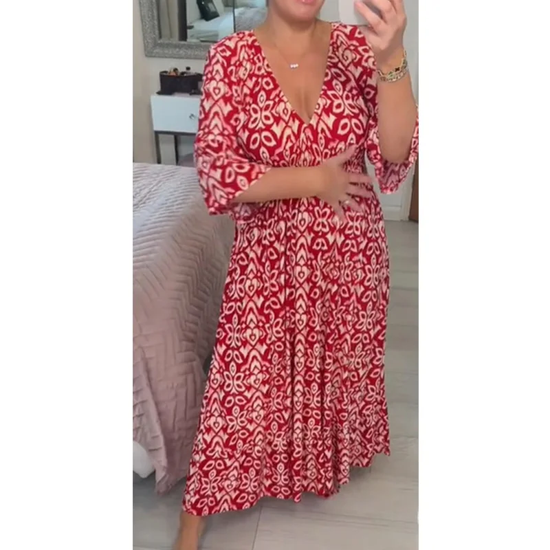 

2023 Autumn New Deep V-Neck Fragmented Flower Resort Three Quarter Sleeve Beach Loose Waist Pullover Versatile Women Long Dress