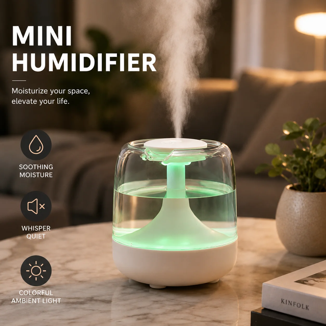 Mini-Luftbefeuchter, kleiner Haushalts-Luftbefeuchter mit großer Kapazität, Aromatherapie-Gerät, USB-Luftbefeuchter, 7-Farben-Licht, geräuscharmer Betrieb