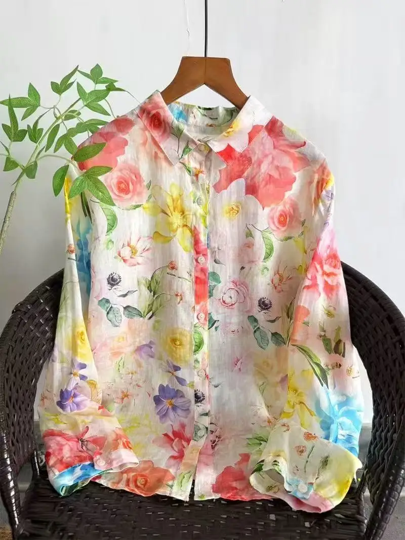 

2026 Vintage clothing 100% ramie linen shirts and blouses for women spring summer original romantic floral shirts