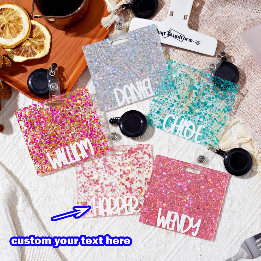 Index Card Holder - Personalized Custom Glitter Acrylic Badge Reel