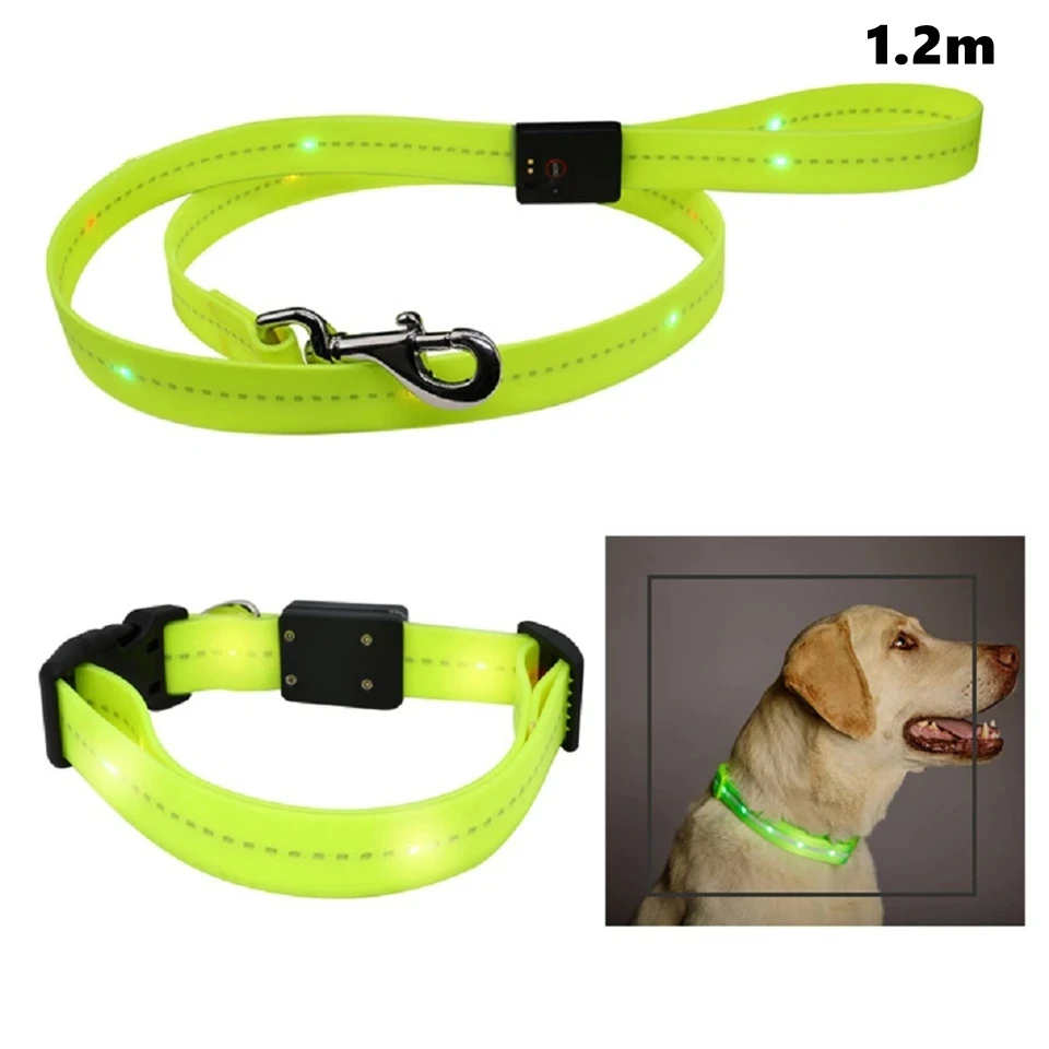 LED Dog Leash & Collar Set Waterproof Reflective Nylon Rope & Rechargeable USB Flashing Light for Night Safety Walking Pet Leash