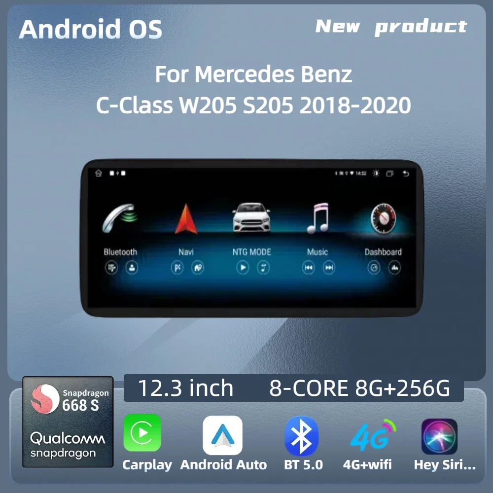 

For Mercedes Benz C-Class W205 S205 2018-2020 12.3inch Car Radio Android 14 Wireless Carplay Snapdragon 680 SM6225 Touch Screen