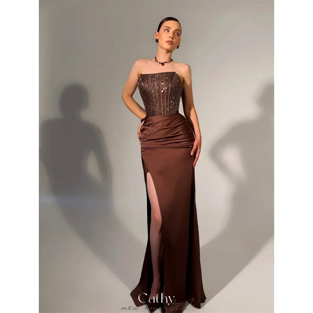 

Cathy Customized Brown Shiny Corset Strapless Prom Dresses Side High Split Vestidos De Noche Simple Floor-length Evening Dresses