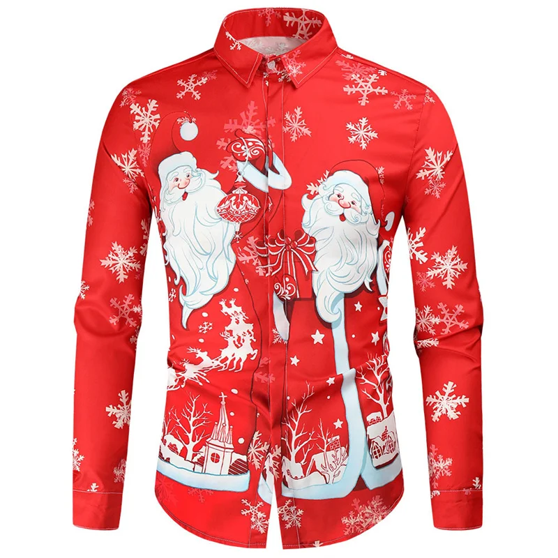 Baju Pria pola Natal motif 3D, baju pantai kasual pria, baju liburan lengan panjang, baju gaya Halloween Hawaii, Baju Pria pola Natal, baru, 2024