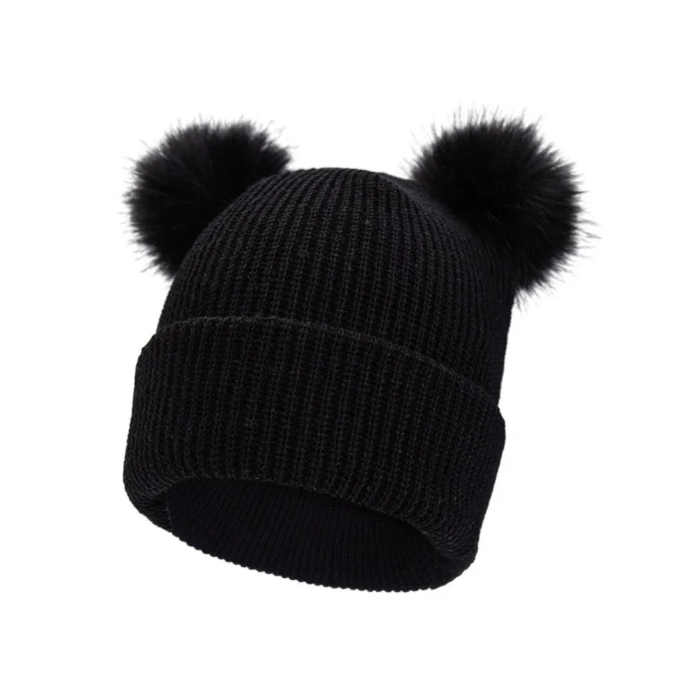 Unisex Solid Color Baby Knit Hat Pullover Style Plush Ball Infant Bonnet Warm Windproof Newborn Turban Cap Home Wear