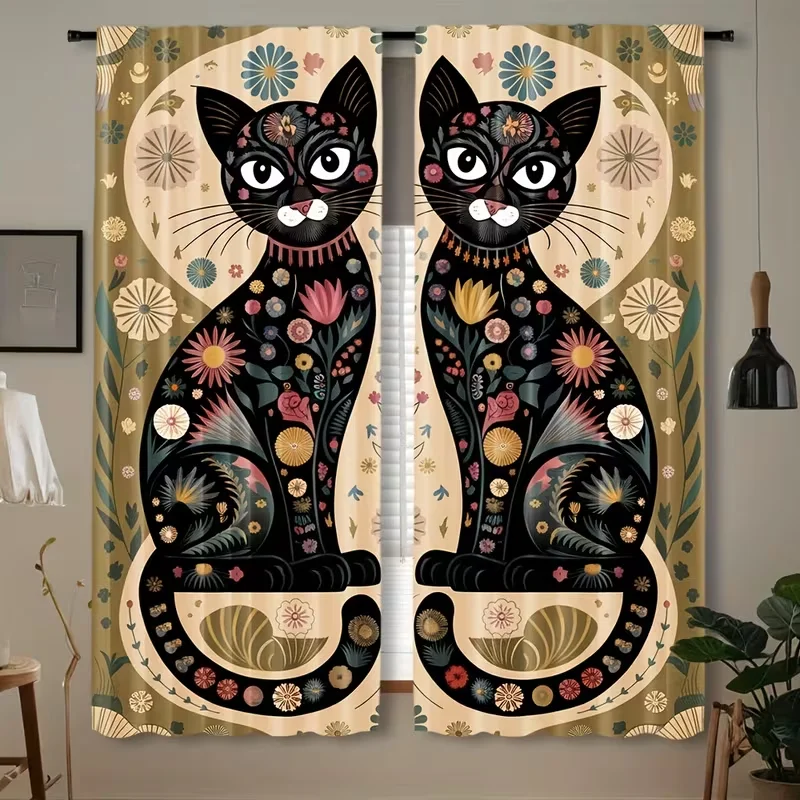 

2 шт. черные шторы с цветочным рисунком кота, пасторальный художественный стиль, подходят для спален и гостиных, декоративные шторы с карманами для стержней