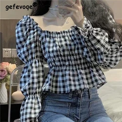 Blusa de gola quadrada xadrez feminina, camisa casual de manga longa, camisa fina, tops Kawaii, moda coreana, primavera, 2022