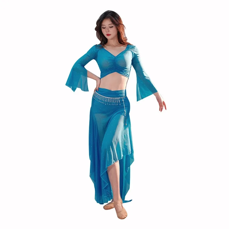 

Новый комплект для восточных танцев 2025: женский костюм с пышной сетчатой юбкой-макси и оборками для занятий танцами