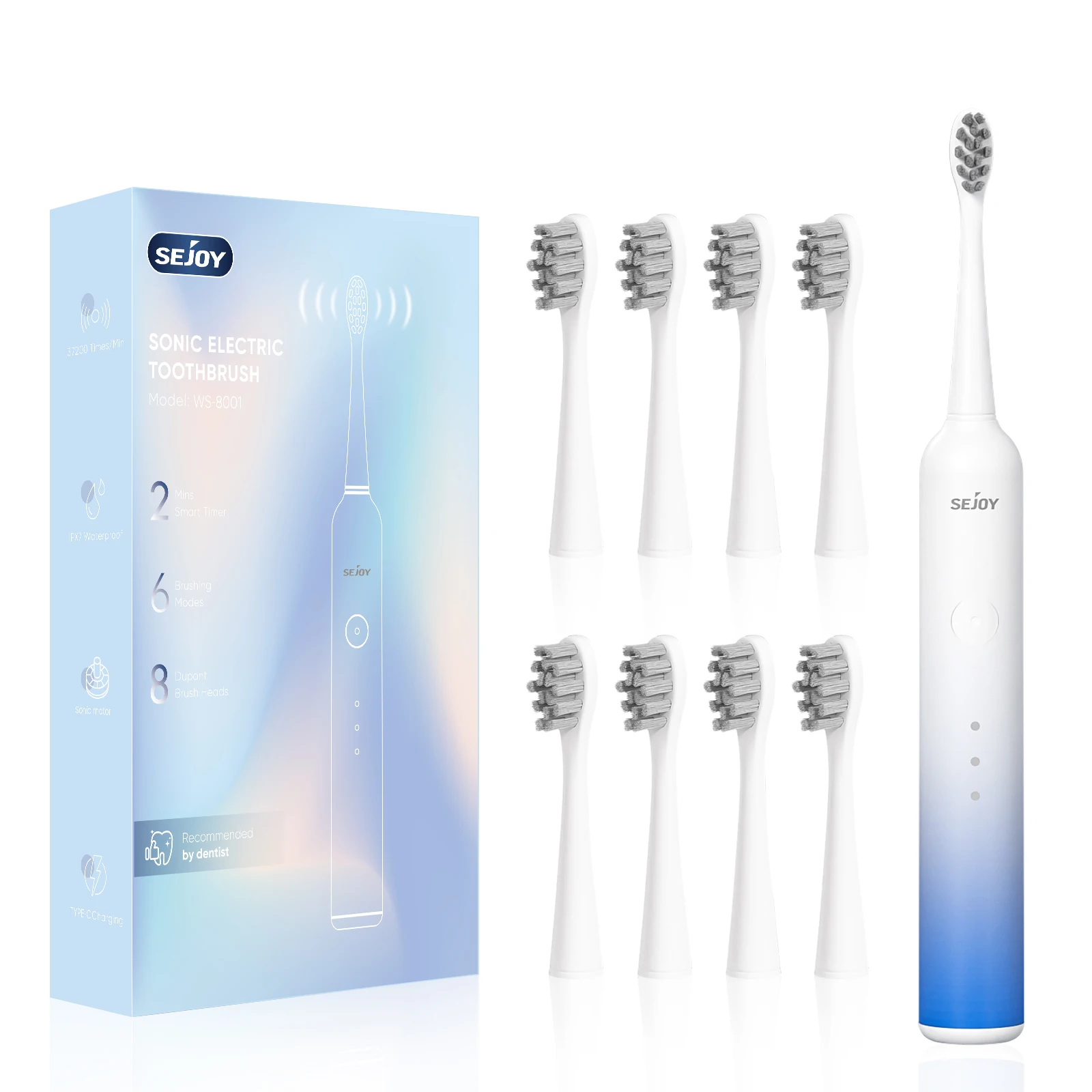 

Sejoy Smart Electric Sonic Toothbrush 6 Mode Tooth Brush USB Rechargeable Adult Long Battery Life with 8 Replacement Heads