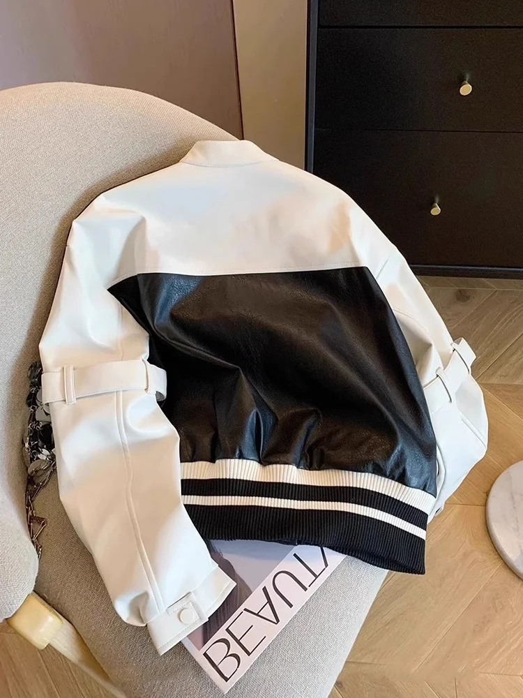 High-End Patchwork Color Blo Biker Jaet PU Colletto alla coreana da uomo Primavera Autunno Street Sle Capispalla versatile