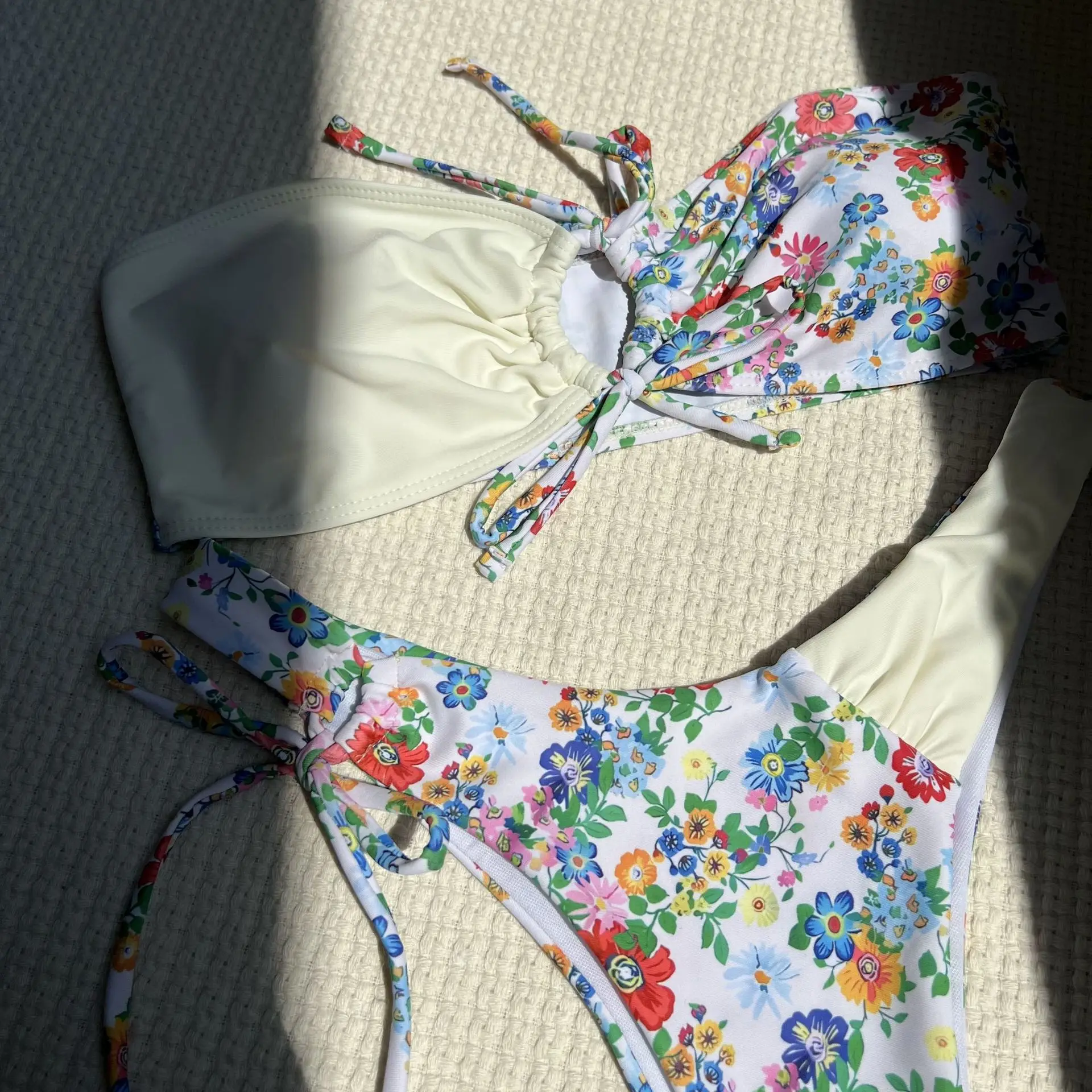 투피스 수영복 여성 Strapless 비키니 세트 인쇄 Spliced ​​Beachwear 여름 2025 새로운 수영복 패션 빈티지 Biquinis