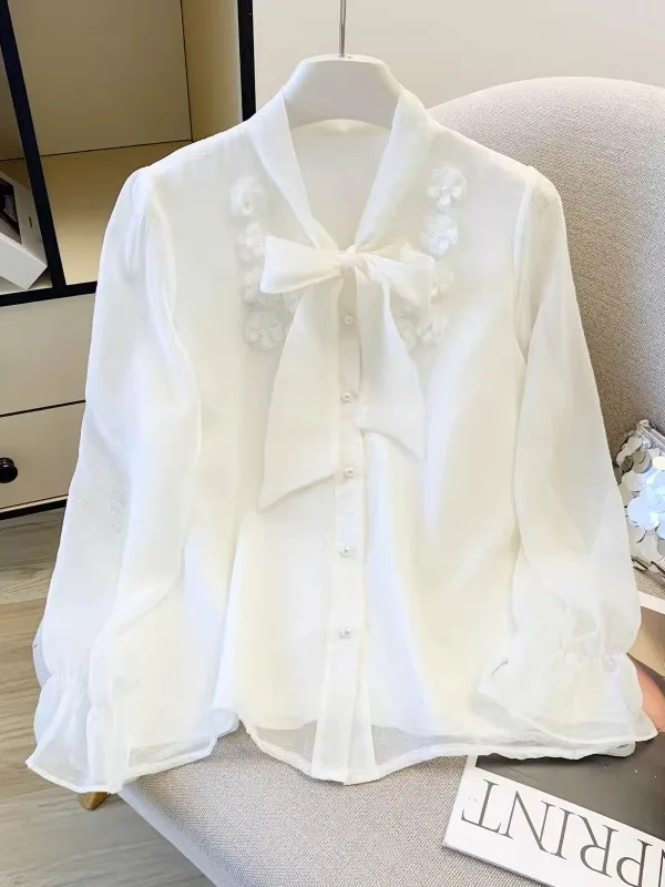 

Женский топ из шифона Ele French Sle с объемными цветами и узлом, весенний, приталенный, универсальный