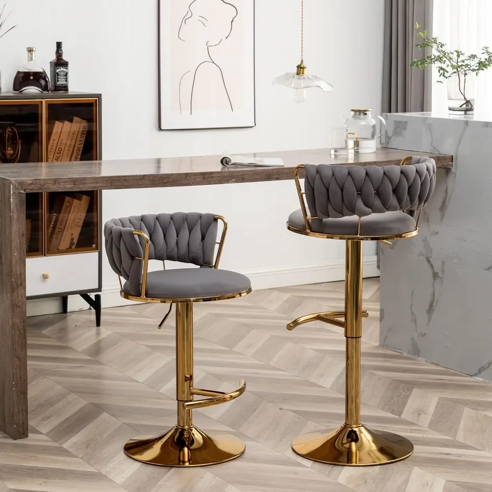 Gold Velvet Bar Stools Set of 4, Counter Height Bar Stools with Low Back, Swivel Stool for Kitchen Island, Bar Pub (Grey)