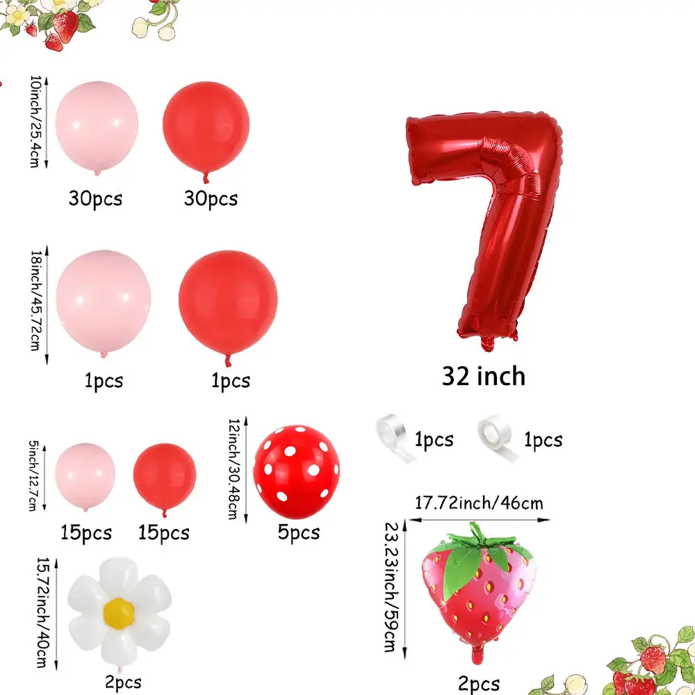 104pcs Pink Strawberry Balloon Arched Set with Strawberry and Daisy Foil Balloons, Pink Red Balloons for Birthday Party