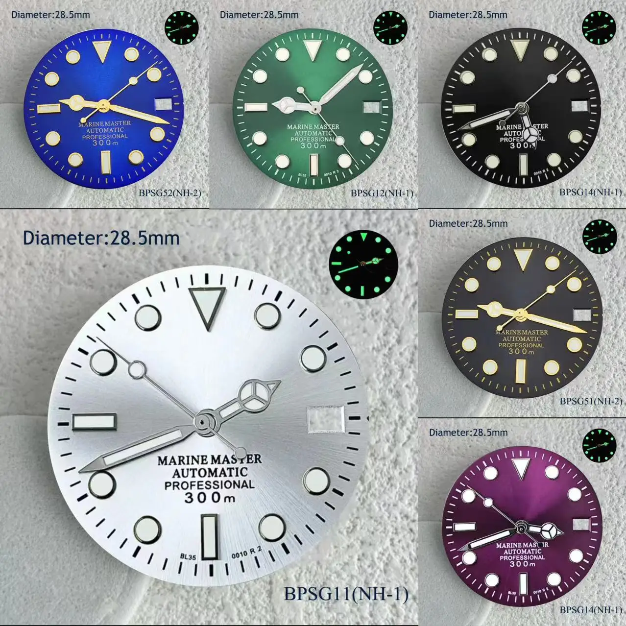 28.5mm Hot selling sub green blue s logo sub dial green Luminous SUB s logo dial Suitable nh35 nh36 movement s watch accessories