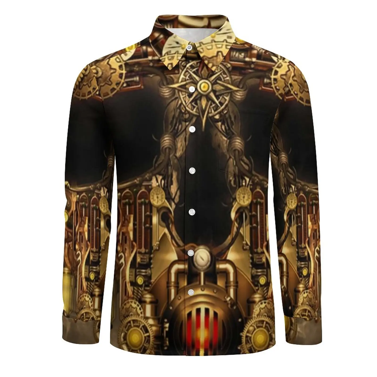 Steampunk Skull Art Street Style Casual Shirt Men Mechanical Metal Print Shirt Fashion Blouses Long Sleeve Design Oversize Top