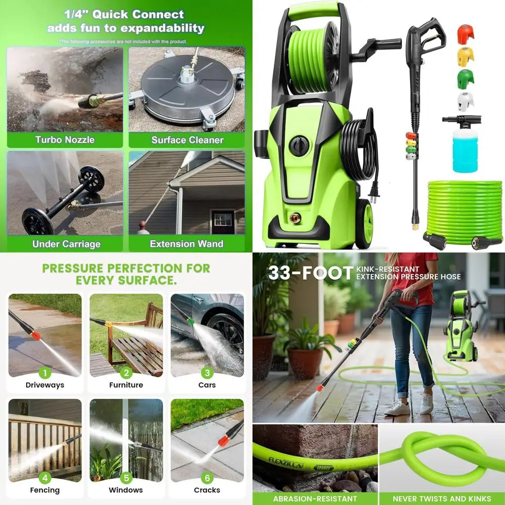 

Мощная электрическая мойка высокого давления 5000PSI 4.0GPM с шлангом 33 фута, 4 насадками и пенной насадкой для уборки дома и автомобиля (зеленая)