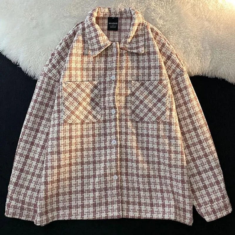 Houndstooth Shirts Women Coats Tops Vintage Loose Elegant Daily Chic All-match Autumn Winter Female Single Breasted Literary New