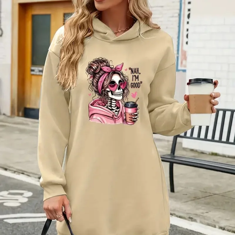 2025 Women's Floral 3D Pattern Hoodie Dress - Beige, featuring pink and blue floral prints, with a flowing long skirt