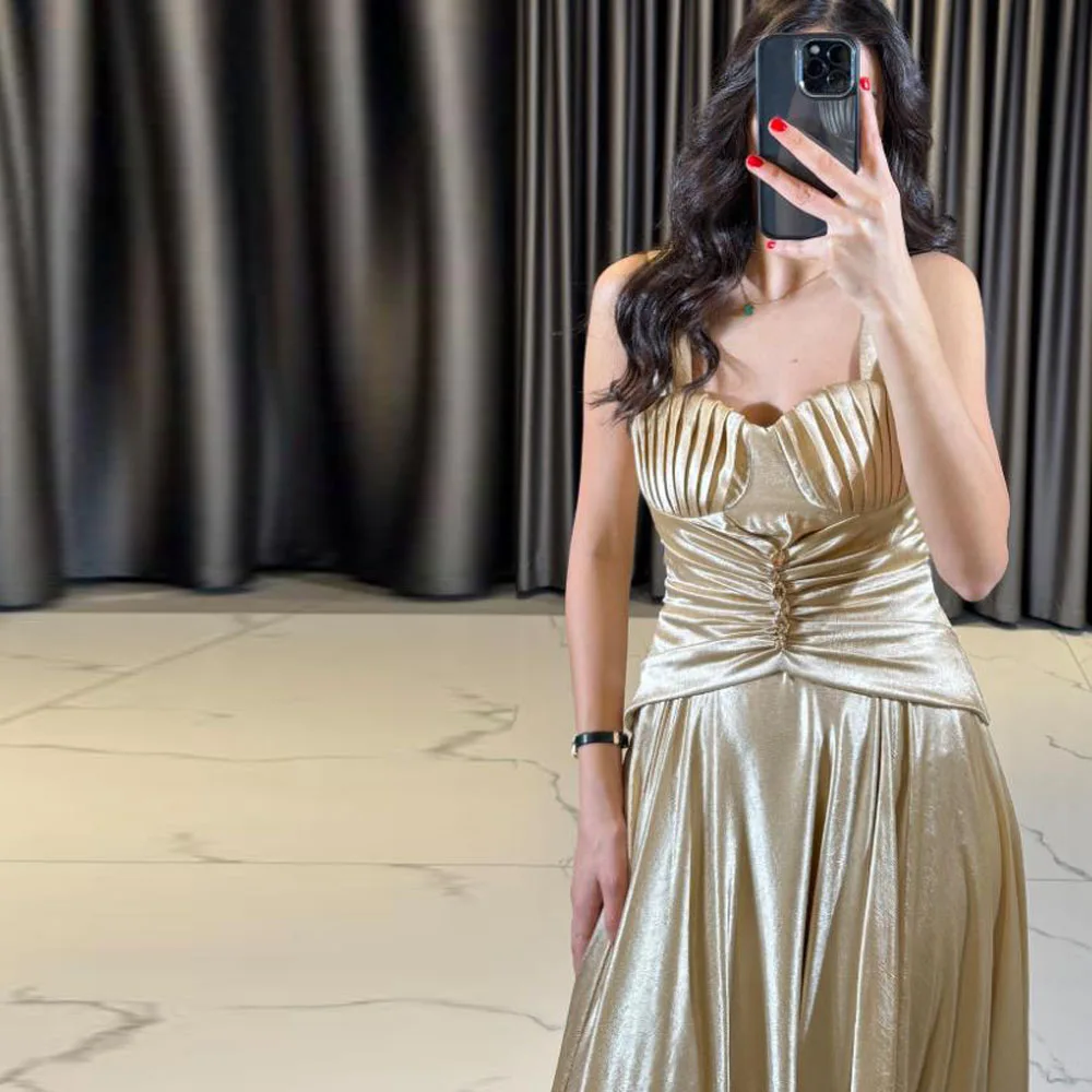 Customized Front Gather Waist Evening Dresses 2025 Spaghetti Strap Pleated A Line Formal Dress Sparking vestidos de gala