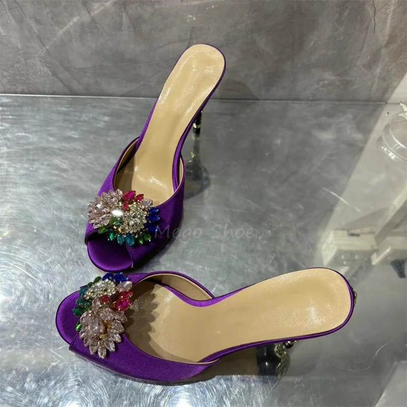 Crystal Stiletto High Heels Purple Velvet Slippers for Women Banquet Shoes Sexy Sandals Shoes Handmade High Quality Big Size 43. — zdjęcie 7