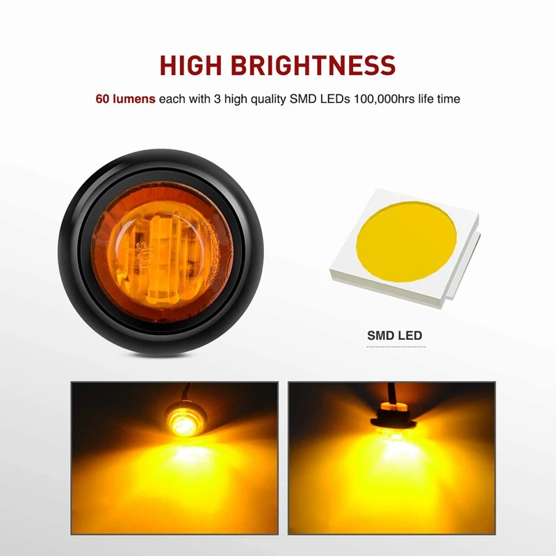 50PCS Round Amber LED Light Front Rear Side Marker Indicators Light For Truck Bus Trailer Caravan Boat Motocycle 12V