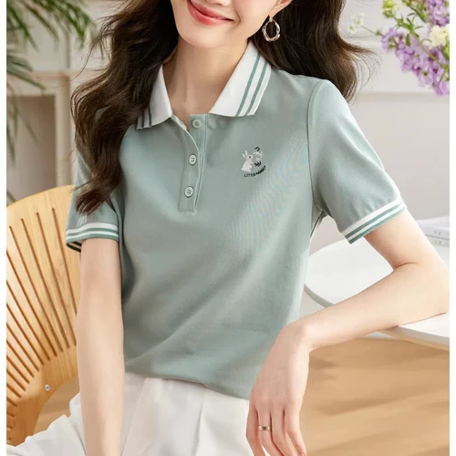 출퇴근 만화 자수 턴다운 칼라 반팔 풀오버 단추 반팔 티셔츠, 캐주얼 격식 있는 여성 상의, 여름 