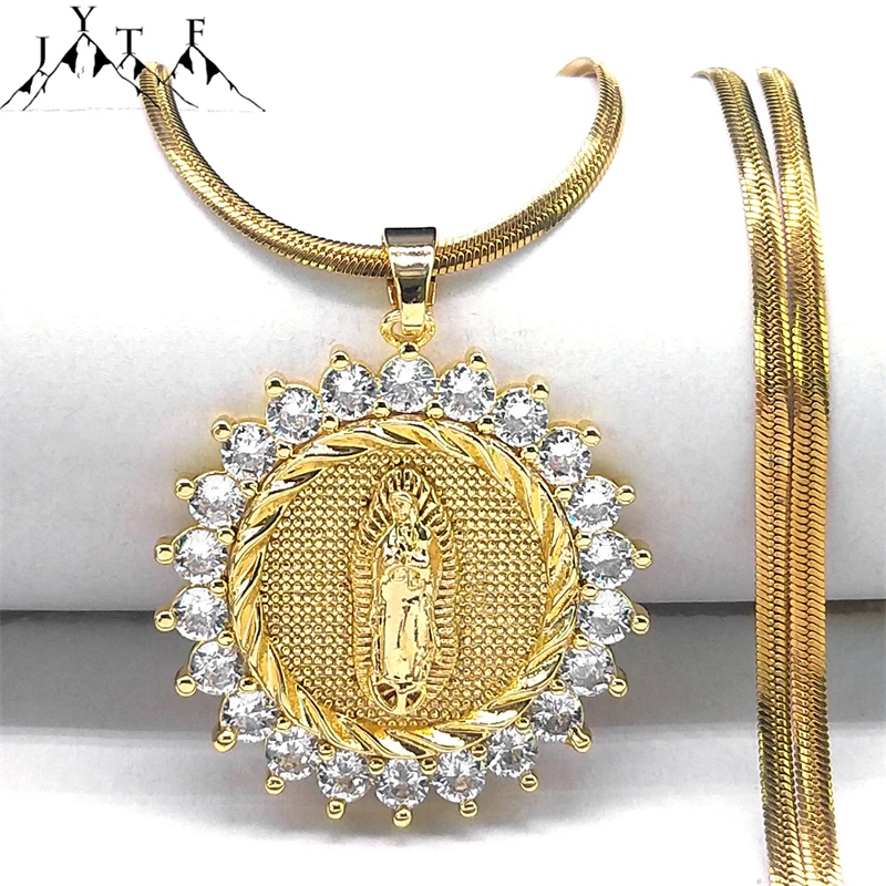 

Fashion Zircon Virgin Mary Shiny Necklaces for Women Men Stainless Steel Gold Color Religious Round Necklace Jewelry Gift NTPS05