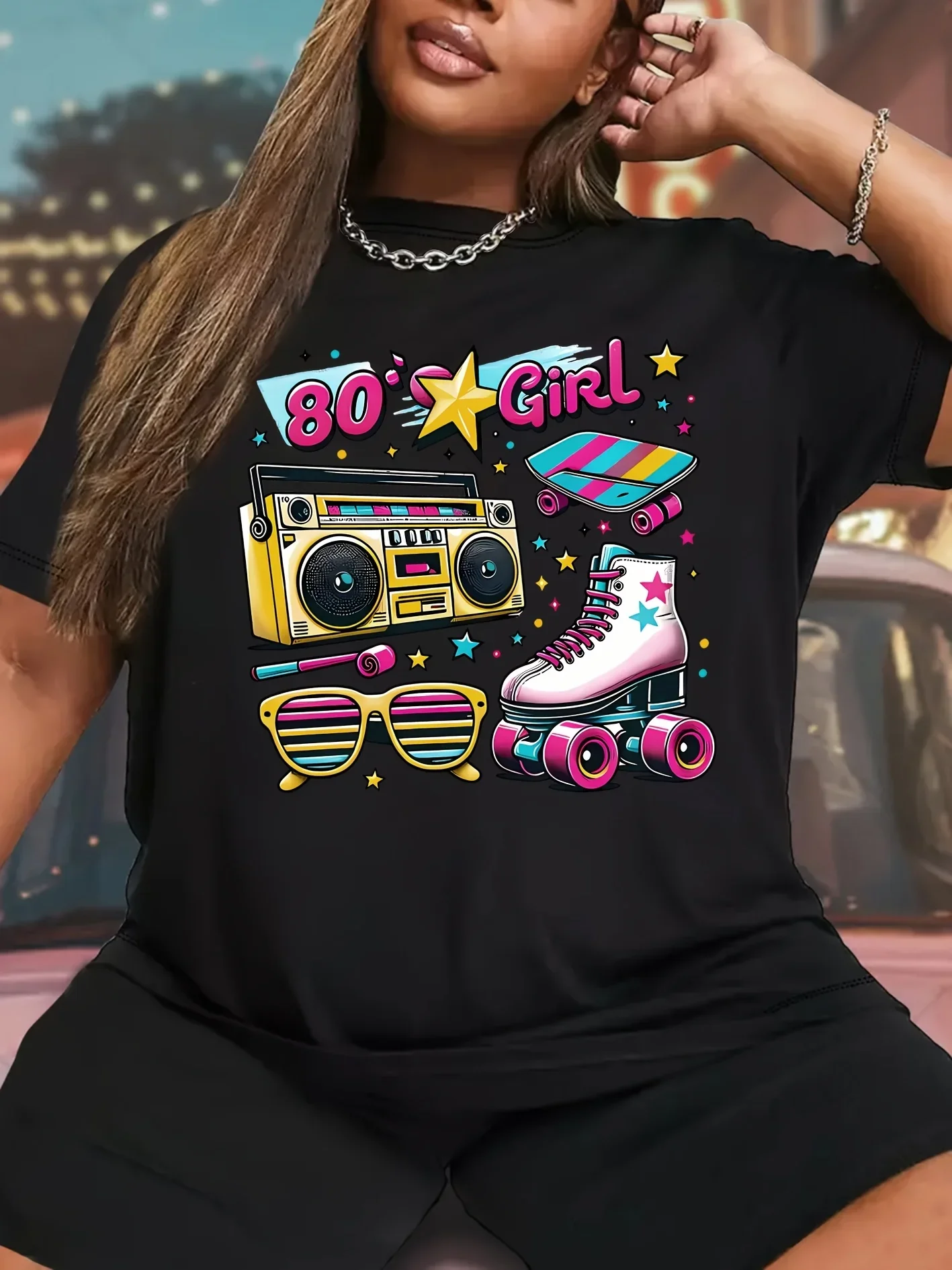 

Plus - Size 80s Nostalgia Graphic Tee, Black Short - Sleeve with “80's Girl” Print